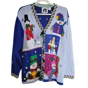 Vintage Storybook Knits Snowman Christmas Sweater Cardigan